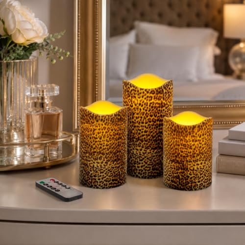 Image of Leopard Print Flameless LED Pillar Candles with Remote 3 Pack