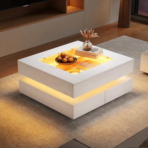 Merax High Gloss Square Coffee Table with LED, 3 Drawers Centre Table with Tempered Glass Top, Sofa Side Table & Tea Table for Living Room & Office, 70x70x35cm, White