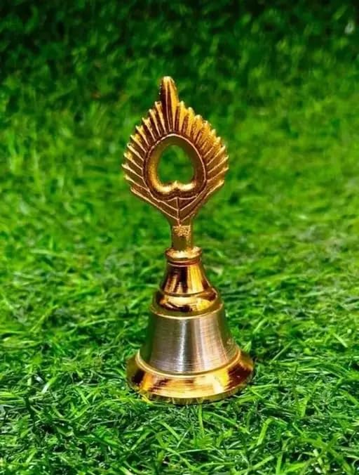 Decorative Brass Pooja Bell With Peacock Feather Handle, Traditional Temple Bell