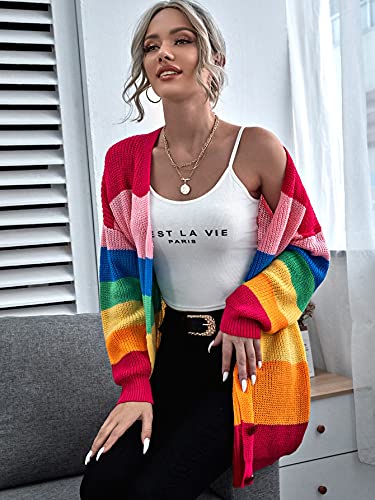 Floerns Women's Rainbow Striped Print Button Front Long Sleeve Cardigan Sweater4