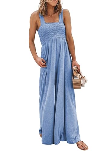 Dokotoo Women's Loose Casual Crewneck Jumpsuits For Women Solid Sleeveless Elasitic Stretchy Wide Leg Long Romper Summer Beach Overall Sky Blue Small #TOP7