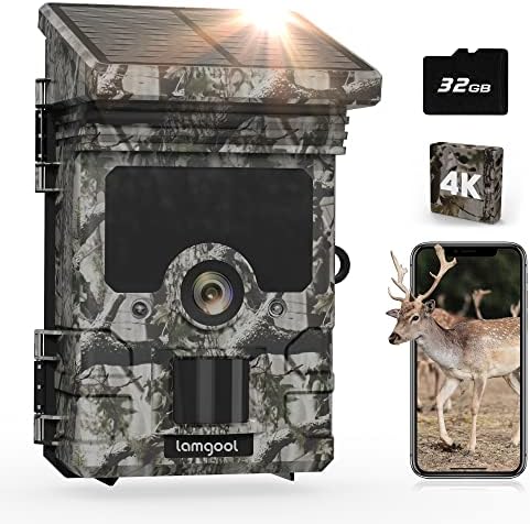 Lamgool Trail Camera Solar Powered 30MP 4K 30fps, Game Camera with WiFi Bluetooth 120°Wide-Angle Motion Sensor 0.1s Trigger Time Trail Camera with Night Vision IP66 Waterproof for Wildlife Monitoring