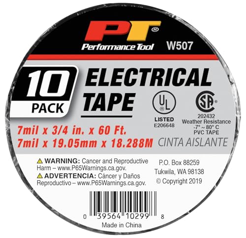 Image of Performance Tool W507 Electrical Tape, 60' x 3 /4 inch - Pack of 10, UL Listed, Versatile for Shop, Home, and Auto