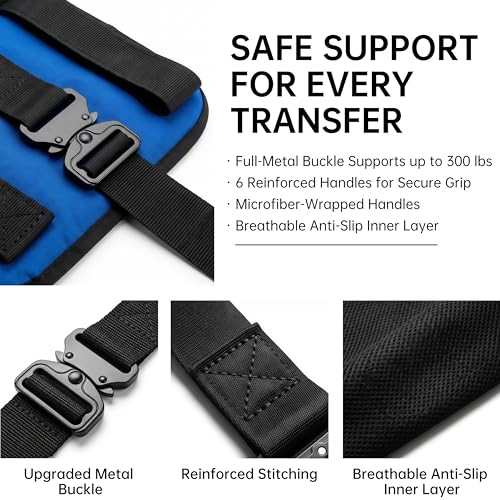 Image of Transfer Sling, Upgraded with Metal Buckle, 6 Reinforced Straps with Hand Grips, Lift & Standing Aid for Caregivers, Elderly & Disabled, Transfer Belt for Home Use (Blue, Large)