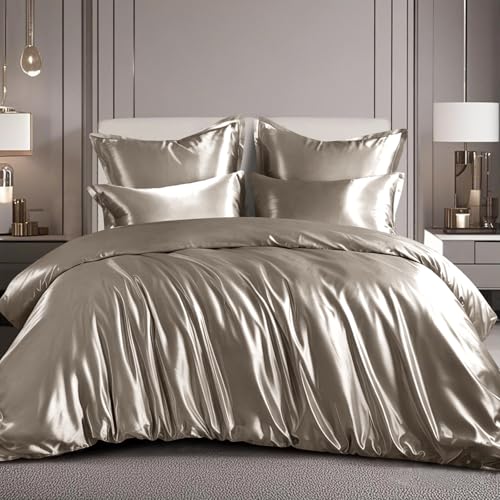 RUIKASI Satin Bettwäsche 200x200 Taupe - Seidig Luxus Bettbezug mit Glanz wie Seiden Bettwäsche Set Braun für Haar und Haut Glänzend Bettwäsche 200x200cm mit Reißverschluss und Kissenbezug 80x80cm