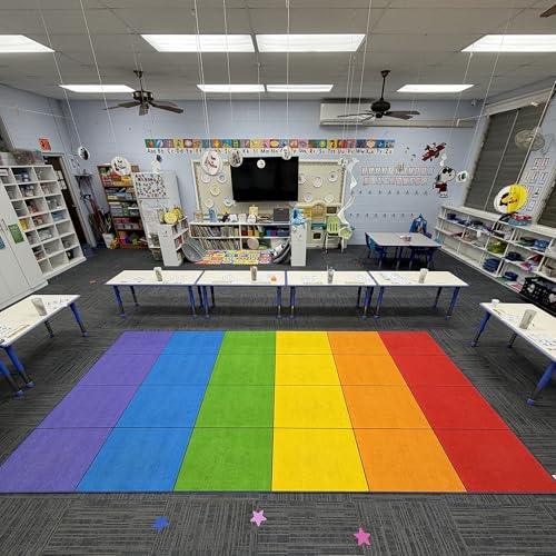 Image of Booooom Jackson Classroom Rug - 7'6''x13' Rainbow Preschool Classroom Carpet with Seating Squares, Non-Slip & No-Trip Edges, Vibrant Colors for Kids Playroom Floor Mat