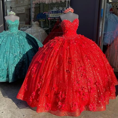 Glitter Quinceanera Dresses Strapless Beaded 3D Flowers Ball Gown Birthday Prom Dress for Sweet 15 16 Dress3