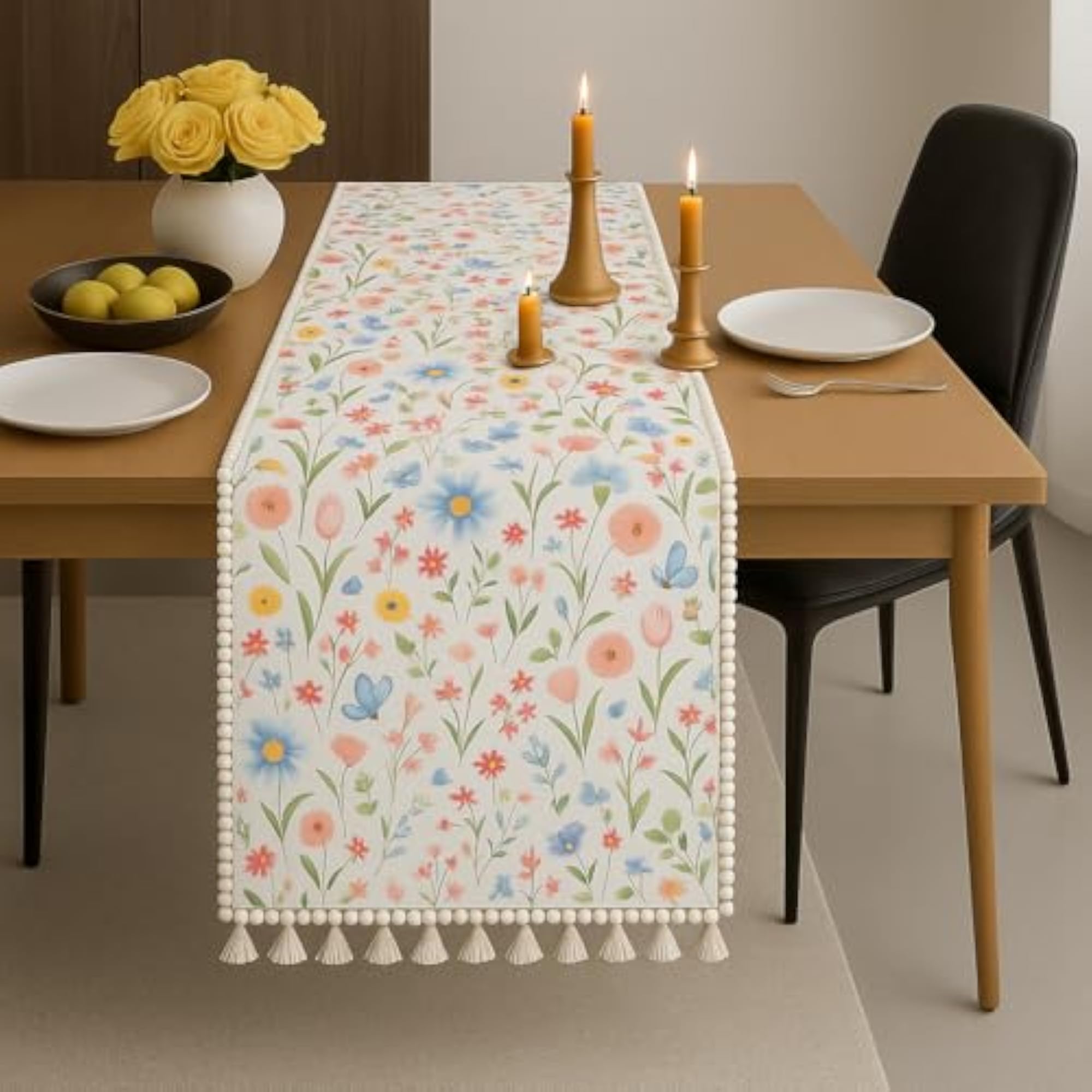 Spring Floral Bloom Tassel & Pom Pom Bedside Table Runner
