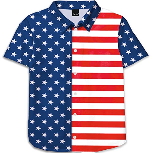 Image of Remimi Unisex Kids 4th of July Button Up Shirt Boys American Flag Print Hawaiian Beach Short Sleeve Tops 5-14 Years