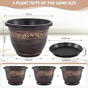Plastic-Plant-Flower-Planters-16 Inch with Drainage Hole & Saucer, 3 Packs Lightweight Small Resin Flower Pot Indoor Outdoor, Retro Antique Imitation Decorative Garden Containers Sets for Houseplants Plastic Plant Flower Planters 16 Inch with Drainage Hole Saucer 3 Packs Lightweight Small Resin Flower Pot Indoor Outdoor Retro Antique Imitation Decorative Garden Containers Sets for Houseplants