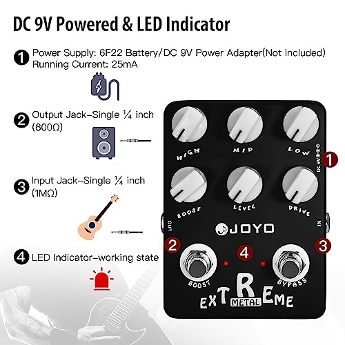 Image of JOYO High-Gain Metal Distortion Guitar Pedal, 3-Band EQ with Sweep Mid-Freq & Boost Control for Electric Guitar, Bypass (Extreme Metal JF-17)