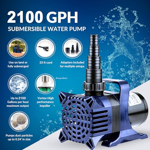 Image of Alpine Corporation 2100 GPH Submersible Water Pump with 33 FT Cord and Adapters for Ponds, Fountains, Waterfalls, and Water Circulation, 192 Watts 20 FT Lift Quiet Operation Vertical /Horizontal