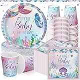 200 Pcs Mermaid Baby Shower Paper Plates Napkins Cups Under the Sea Baby Shower Party Supplies Tableware Set Purple Green Disposable Cup Napkin for 50 Guest Girls Spring Party Decoration