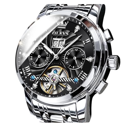 Image of OLEVS Men Automatic Watch Skeleton 5 Hands Mechanical Classic Luxury Multi Calendar Stainless Steel Waterproof Wrist Watch for Men