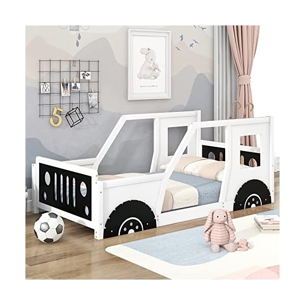 Twin size kids bed classic car shaped platform bed with wheels wood twin montessori floor bed for kids boy girls lightning mcqueen bed whiteblack  urban country home decor