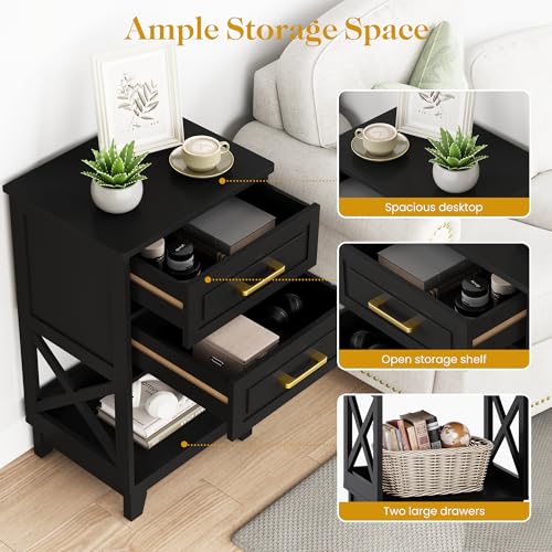Image of RoyalCraft 30 inch Tall Nightstand, Modern Painted Bedside Table with 2 Drawers and Open Shelf, Wood Side Table for Bedroom, Home Office, Black-Open Shelf Below, Set of 2