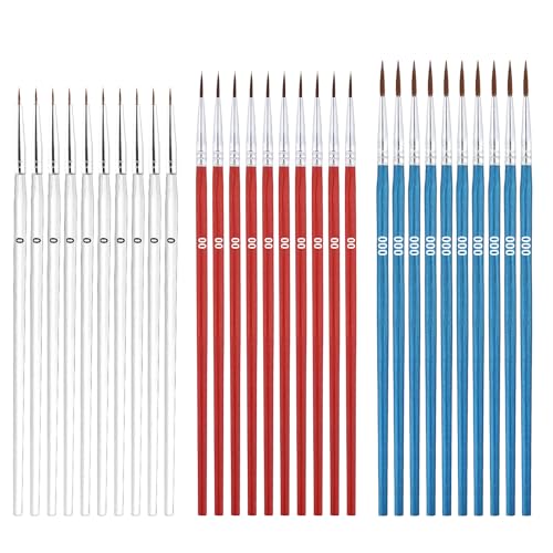 30pcs Tiny Detail Paint Brushes, Fine Paint Brush with 3 Sizes #0#00#000 Small Liner Tip Paint Brush for Crafts Watercolor Acrylics Oil Face Art Miniature Painting(white, red, blue)
