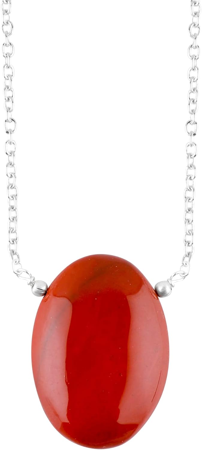 Natural Oval Cabochon Necklace for Women, 10-20 Carat Handmade Gemstone Pendant | Polished Stone, Adjustable 18 Inch Silver Plated Chain