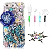 STENES Bling Phone Case Compatible with Bling Case Compatible iPhone 11 - Stylish - 3D Handmade [Sparkle Series] Rose Butterfly Flowers Floral Design Cover with Cable Protector [4 Pack] - Blue