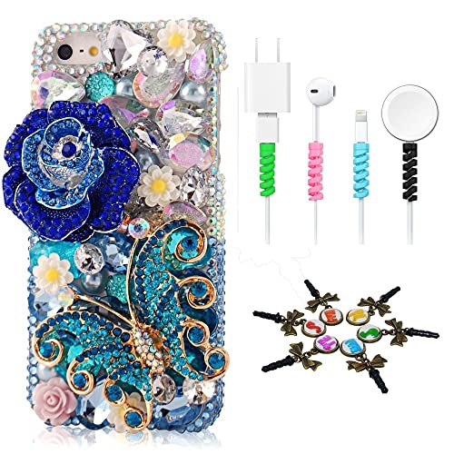 STENES Bling Phone Case Compatible with Bling Case Compatible iPhone 11 - Stylish - 3D Handmade [Sparkle Series] Rose Butterfly Flowers Floral Design Cover with Cable Protector [4 Pack] - Blue