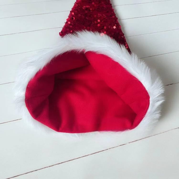 Red Sequined Santa Hat, Shiny Unisex Soft Plush Deluxe Xmas Santa Claus Velvet Comfy for Fancy Dress Christmas New Year Party - Image 3