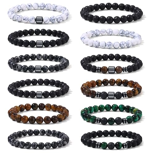 SAMOCO 12Pcs Tiger Eye Bracelets For Men Natural Stone 8mm Beads Bracelets Set Stretch Adjustable Lava Rock Black Crystal Beaded Bracelet for Men Women Gifts