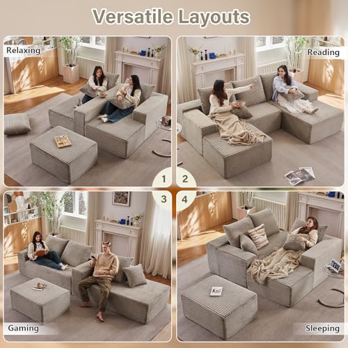 Image of Lakifun 107 inch U-Shape Cloud Couch, Modern Modular Sectional Comfy L-Shape Sofa with Ottoman, Deep Seat, Upholstered Corduroy Sleeper Chaise Longue for Living Room Bedroom, No Assembly Required, Camel