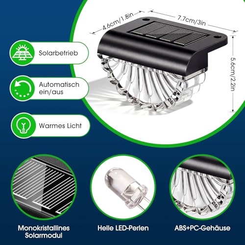 GEARLITE Solarlampen für Außen Garten, 8 Stück Extra Hell LED Solarleuchten für Aussen, IP65 Wasserdichte Muschel Solar Zaunleuchten für Außen, Balkon, Terrasse, Wand, Treppen, Garten Deko(Warmweiß)