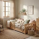 ecoMI Children’s Bed with Fall Protection and Slatted Frame, Montessori Floor Bed, Solid Pine Wood Bed, Single Bed, Natural, 90 x 200 cm
