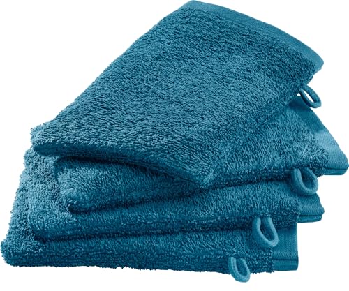 Erwin Müller Waschhandschuh-Set 4er-Pack Petrol Größe 15x21 cm - Ludwigsburg - 100% Baumwolle - kuschelweich, saugstark, voluminös - praktisch durch Schlaufe (weitere Farben)
