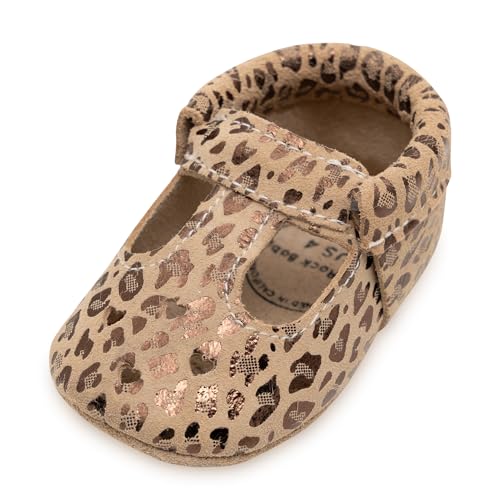 BirdRock Baby Mary Jane Moccasins - Genuine Leather Soft Sole Baby Girl Shoes for Newborns, Infants, Babies, and Toddlers (Leopard, US 4)