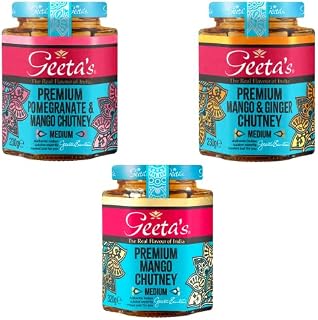 Geeta's Mango Chutney Selection, Real Flavour of India, Pack of 6, 230g Each, Kosher Certified, Medium Spicy, BBQ Marinade, Spicy Dipping Sauce