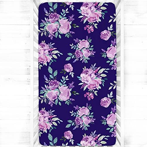Girl Crib Sheet, Purple Flower Nursery Bed, Flower Sheets for Baby Toddler Mattress, Stretchy and Soft Premium Crib Sheets
