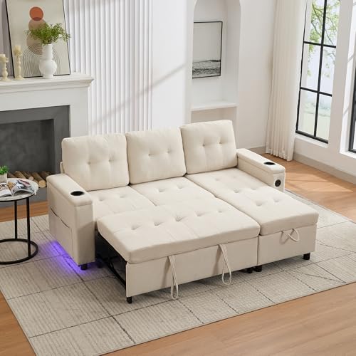 Dolamaní Sofá cama de 3 plazas, sofá cama en forma de L, sofá plegable con espacio de almacenamiento oculto, barra de luz LED, conectores USB y tipo C, para salón y dormitorio (beige)