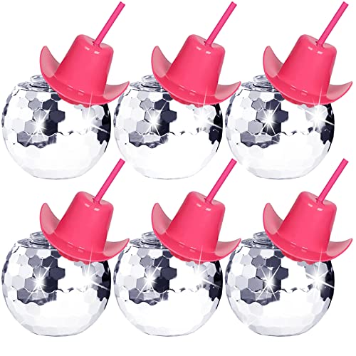 Tongnian Disco Ball Cups,6 Pcs Silver Disco Cups with Cowboy Hat Lid and Straw, Sparkly Glitter Disco Ball Tumbler Pink Western Cowgirl Hat Disco Ball Cocktail Cup for Party Supplies