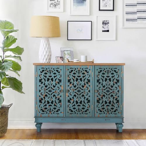 MAISON ARTS Accent Cabinet with Doors Kitchen Sideboard Buffet Cabinet with Storage Farmhouse Credenza Cabinet for Dining Room Living Room Entryway Solid Wood Legs Rated for 260 lbs Blue