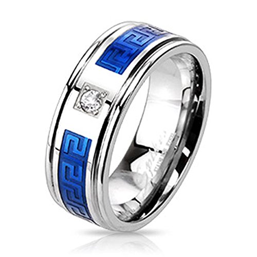 STR-0013 Stainless Steel Duo Tone Blue IP Round CZ Centered Maze Inlay Band Ring; (10)