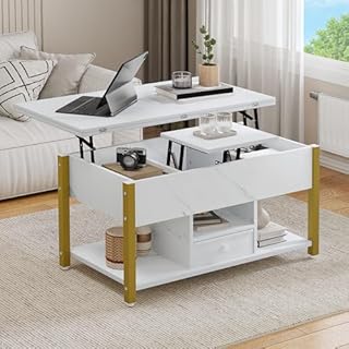 YITAHOME Lift Top Coffee Table with Drawers, 4 in 1 Multi-Function Liftable Coffee Table with Storage Space, Converts to Dining Table for Living Room Dining Room, White Marble