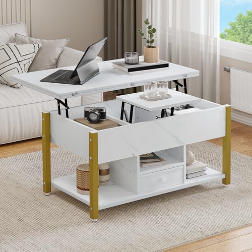 YITAHOME Table Basse Réglable en Hauteur, Multifonctionnelle 4 en 1 avec Espace de Rangement, Se Transforme en Table de Salle à Manger pour Le Salon, Marbre...