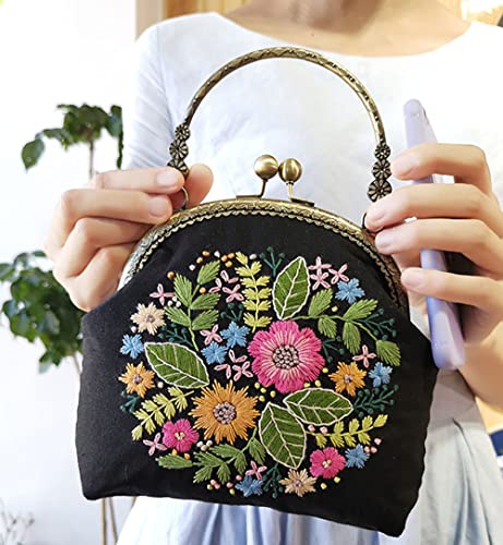 Image of Gogobear Embroidery Coin Purse Kits for Beginners Handmade DIY Clutch | Included Embroidery Cloth Bag /Chain /Craft Stamped /Hoops Threads, Friend Gifts, Retro Vintage Style