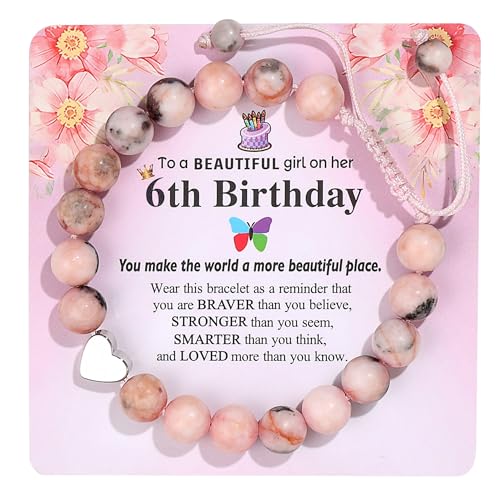 6th-13th Girls Birthday Bracelet, Pink Zebra Natural Stone Heart Pendant Bracelet Gift
