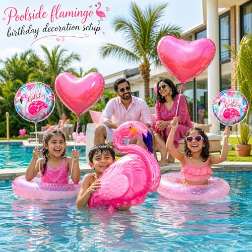 Image of Propsicle Flamingo Theme Foil Balloons Set Pack of 5 Pink Flamingo Heart Balloons Happy Birthday Round Balloon Tropical Decoration for Kids Birthday Pool Beach Theme Setup Supports Helium Air