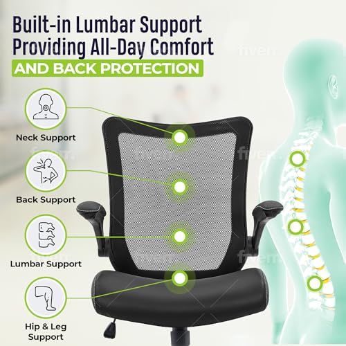 Image of OfficeFactor Drafting Chair Tall Office Chair, 300 lb Capacity Standing Desk Chair, Adjustable & Ergonomic Desk Chair, Flip-Up Armrests, Mesh Back, Comfortable Leather (Black)