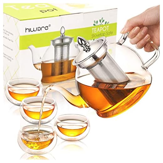 Hiware Glass Teapot Set, 32 OZ Glass Teapot with Removable Infuser and 4 Cups, Stovetop Safe Tea Kettle, Blooming and Loose Leaf Tea Maker Set