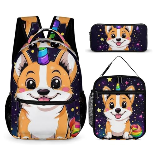 Backpack Book Bags with Lunch Box Storage Bag Backpack Set Daypack with Lunch Bag and Cosmetic Bags (Space Galaxy Rainbow Unicorns Corgi Dog Black)