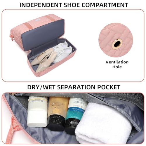Image of Duffle Bag for Travel, Weekender Bag with Shoe Compartment, Carry On Overnight Bag for Women with Toiletry Bag, Gym Bag with Wet Pocket, Hospital Bags for Labor and Delivery Beige, Pink-Embroidery