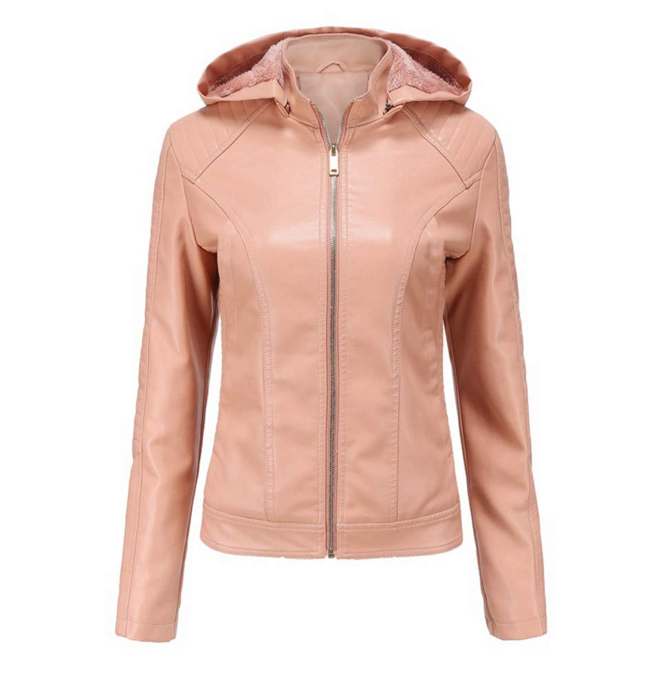 DISSA Damen Kunstleder Kapuzenjacke Kurzer Reißverschluss | Gesteppte Schultern, Fleece-Futter, RV-Bündchen, Seitentaschen. Winterjacke, Basic-Oberbekleidung