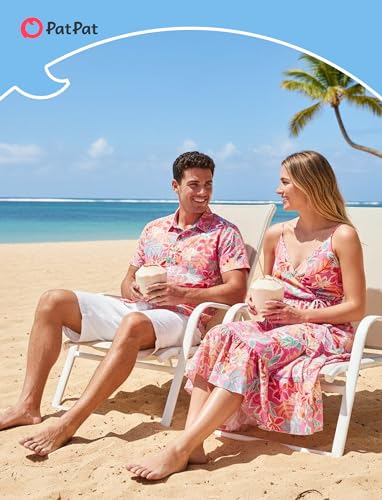Image of PATPAT Couples Matching Outfits Hawaiian Women Dresses & Men Shirts | Matching Cruise Outfits for Couples, Beach Vacation Outfits, Spaghetti Strap Midi Sundress, Men Boho Tropical Print Shirt