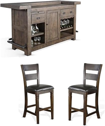 Pemberly Row Juego de 3 unidades de barra de madera y 2 taburetes de bar con espalda cruzada en marrón oscuro