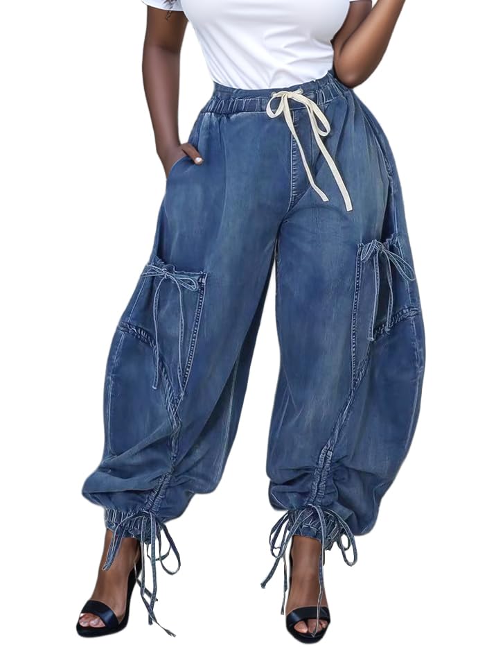 Denim Joggers for Women High Waist Drawstring Loose Wide Leg Oversize Pants with Tie Bow Pockets
